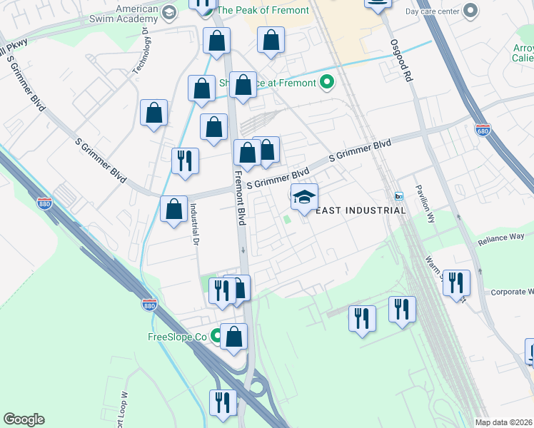 map of restaurants, bars, coffee shops, grocery stores, and more near 3838 Development Terrace in Fremont