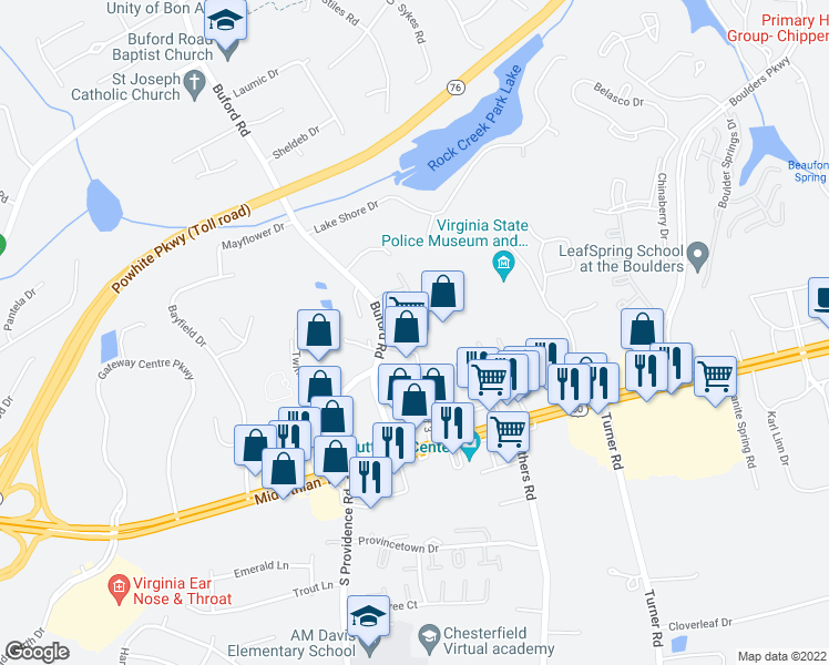 map of restaurants, bars, coffee shops, grocery stores, and more near 8006 Buford Court in Richmond