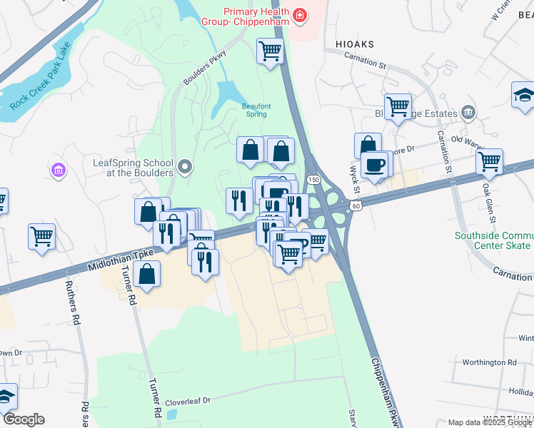 map of restaurants, bars, coffee shops, grocery stores, and more near 7106 Midlothian Turnpike in Richmond