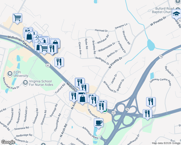 map of restaurants, bars, coffee shops, grocery stores, and more near 9321 Southport Drive in Richmond
