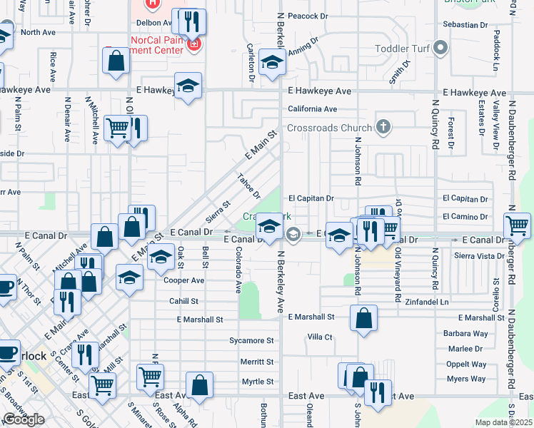 map of restaurants, bars, coffee shops, grocery stores, and more near 1555 East Canal Drive in Turlock