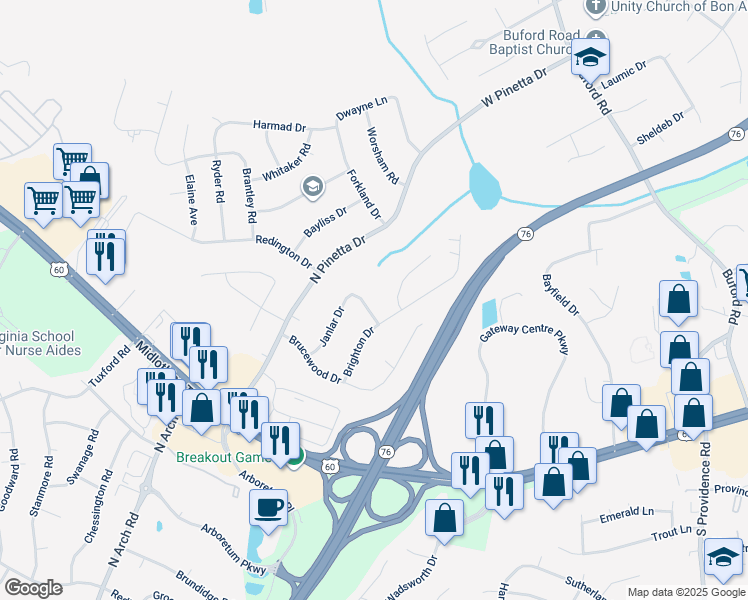 map of restaurants, bars, coffee shops, grocery stores, and more near 9016 Anbern Drive in Richmond