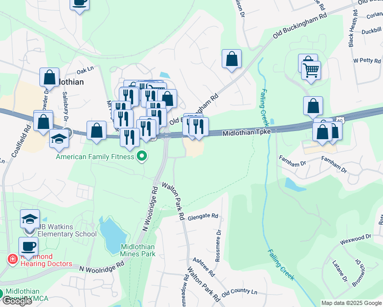 map of restaurants, bars, coffee shops, grocery stores, and more near 200 Heaths Way Road in Midlothian