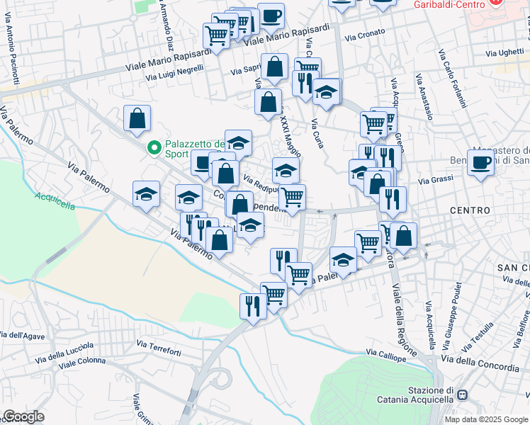 map of restaurants, bars, coffee shops, grocery stores, and more near 7 Via A. la Marmora in Catania