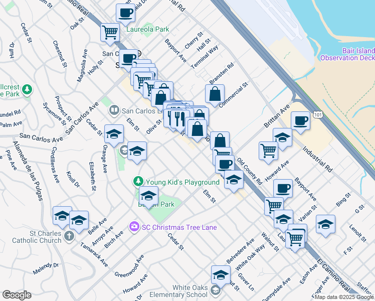 map of restaurants, bars, coffee shops, grocery stores, and more near 935 Walnut Street in San Carlos
