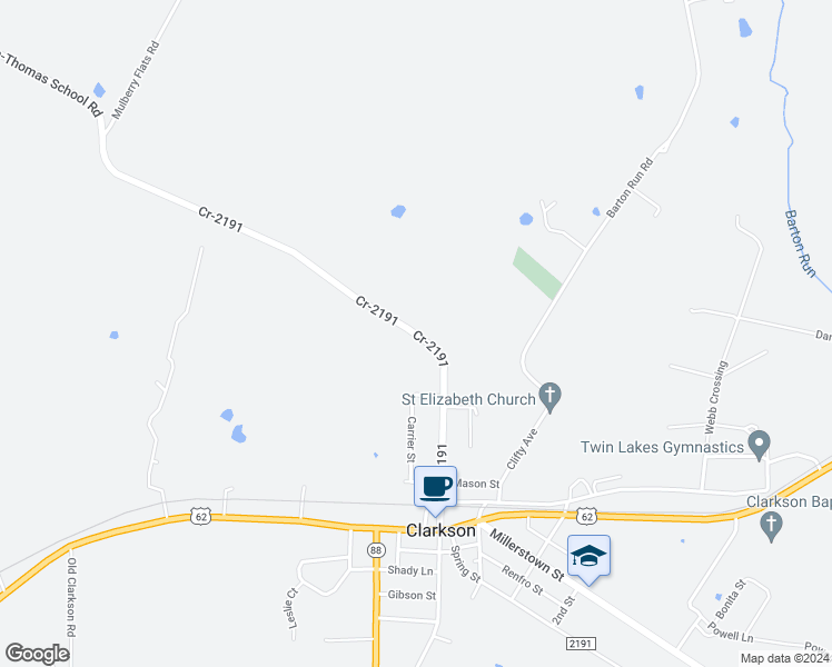 map of restaurants, bars, coffee shops, grocery stores, and more near 126 Clarkson-Thomas School Road in Leitchfield