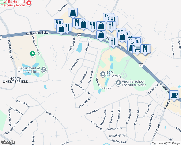 map of restaurants, bars, coffee shops, grocery stores, and more near 631 Montour Drive in Richmond