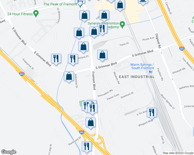 map of restaurants, bars, coffee shops, grocery stores, and more near 44868 Fremont Boulevard in Fremont