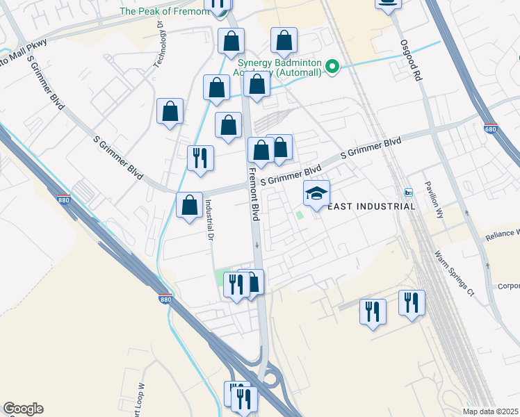 map of restaurants, bars, coffee shops, grocery stores, and more near 44868 Fremont Boulevard in Fremont
