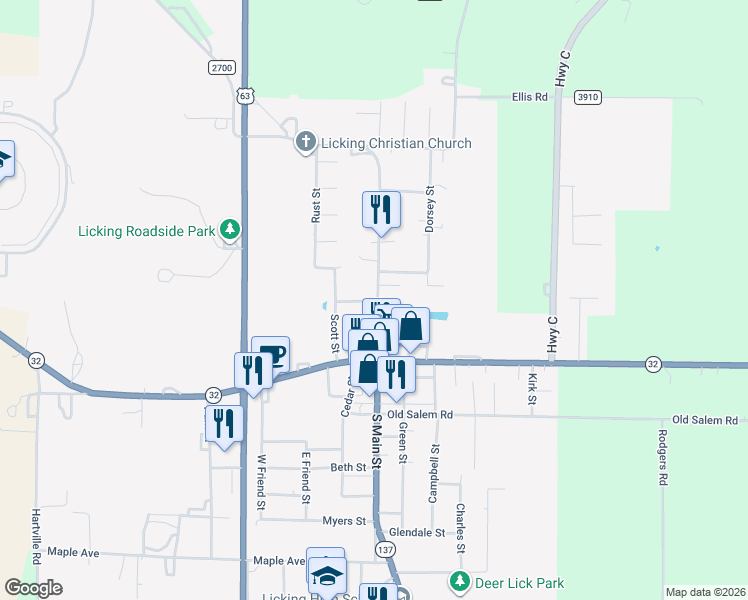 map of restaurants, bars, coffee shops, grocery stores, and more near 213 North Main Street in Licking