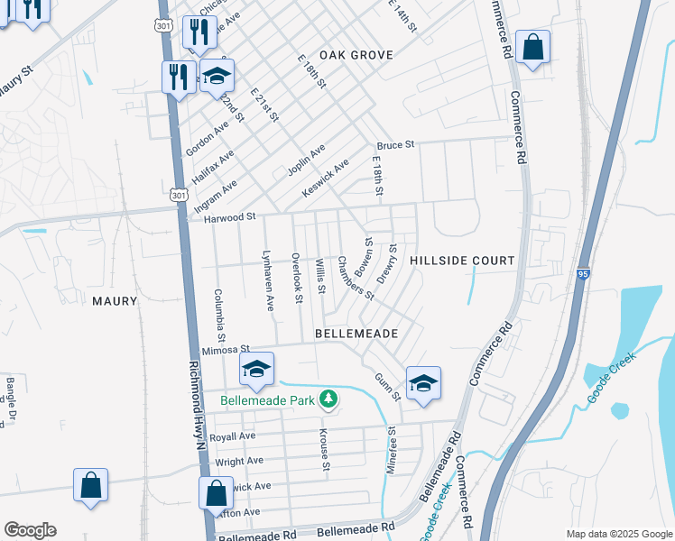 map of restaurants, bars, coffee shops, grocery stores, and more near 1324 Chambers Street in Richmond