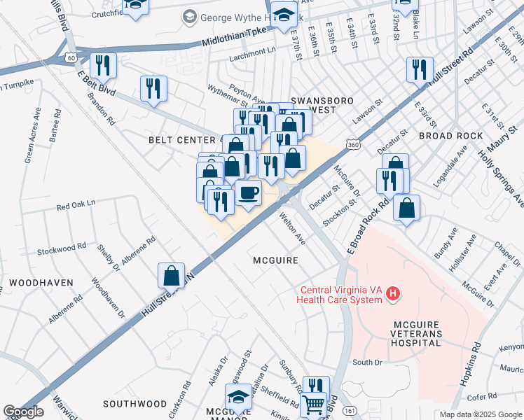 map of restaurants, bars, coffee shops, grocery stores, and more near 4100 Hull Street Road North in Richmond