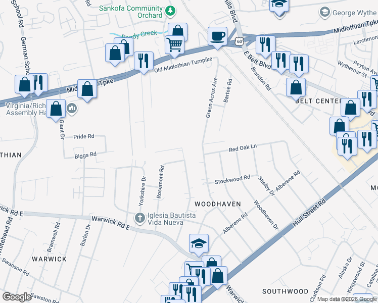 map of restaurants, bars, coffee shops, grocery stores, and more near 501 Woodstock Road in Richmond