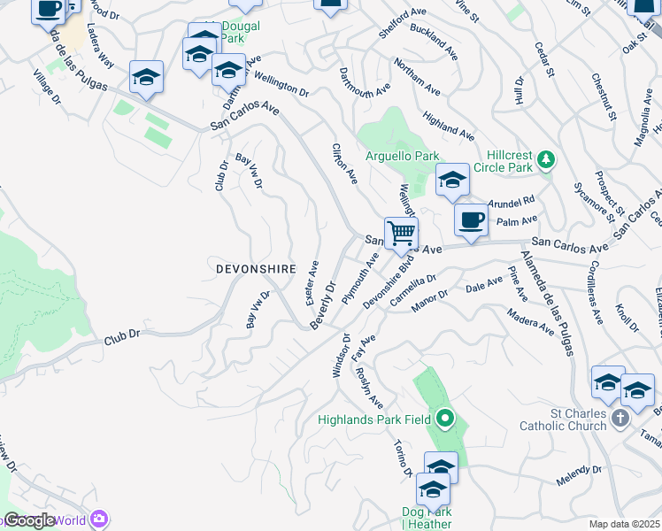 map of restaurants, bars, coffee shops, grocery stores, and more near 108 Beverly Drive in San Carlos