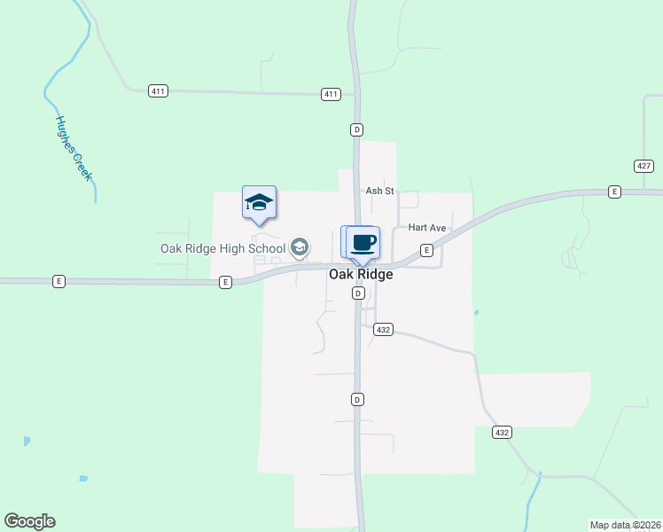 map of restaurants, bars, coffee shops, grocery stores, and more near State Route E in Oak Ridge