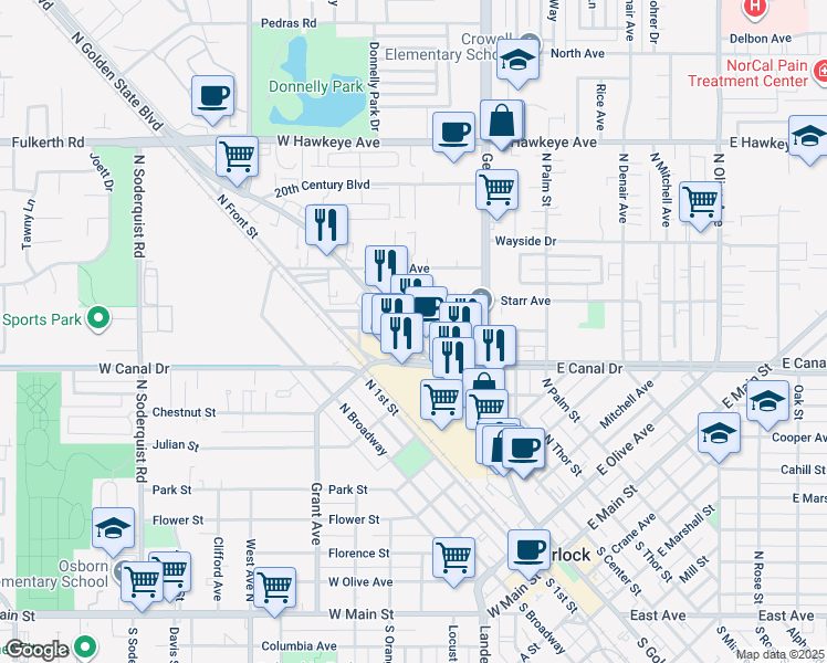 map of restaurants, bars, coffee shops, grocery stores, and more near 842 North Golden State Boulevard in Turlock