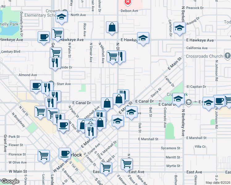 map of restaurants, bars, coffee shops, grocery stores, and more near 903 N Olive Ave in Turlock
