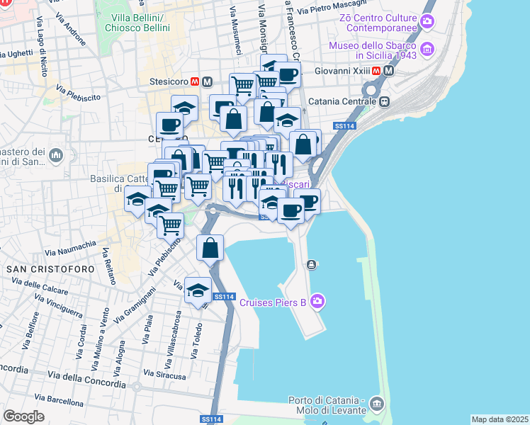 map of restaurants, bars, coffee shops, grocery stores, and more near 66 Via San Gaetano in Catania