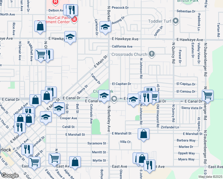 map of restaurants, bars, coffee shops, grocery stores, and more near 920 North Berkeley Avenue in Turlock