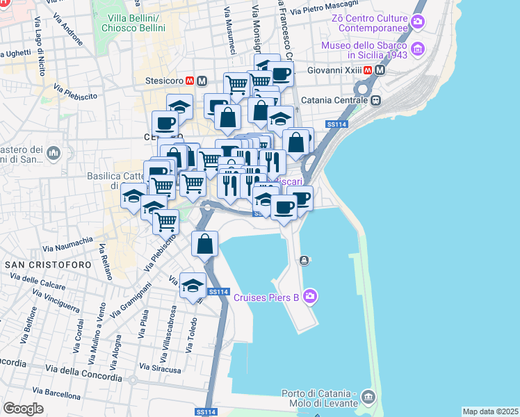 map of restaurants, bars, coffee shops, grocery stores, and more near 66 Via San Gaetano in Catania