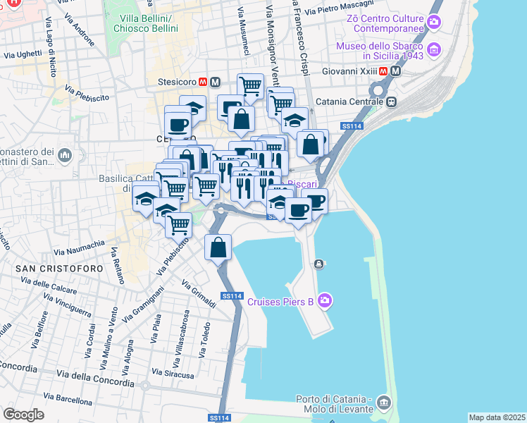 map of restaurants, bars, coffee shops, grocery stores, and more near 66 Via San Gaetano in Catania