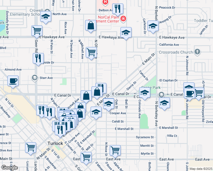 map of restaurants, bars, coffee shops, grocery stores, and more near 908 North Olive Avenue in Turlock