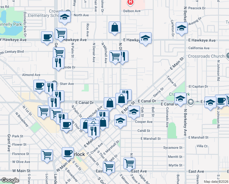 map of restaurants, bars, coffee shops, grocery stores, and more near 903 North Olive Avenue in Turlock
