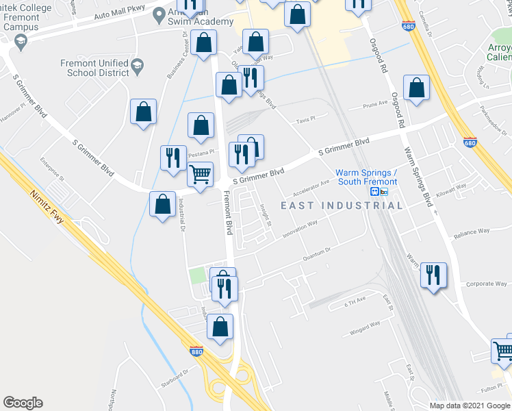 map of restaurants, bars, coffee shops, grocery stores, and more near 44969 Insight Street in Fremont