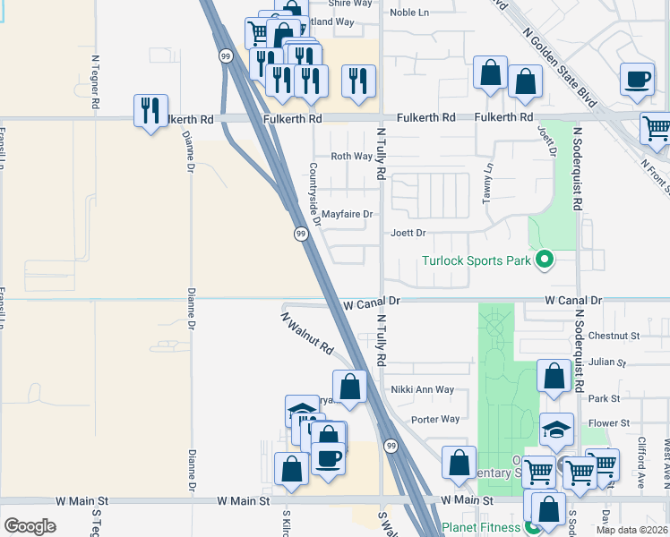 map of restaurants, bars, coffee shops, grocery stores, and more near 951 Countryside Drive in Turlock