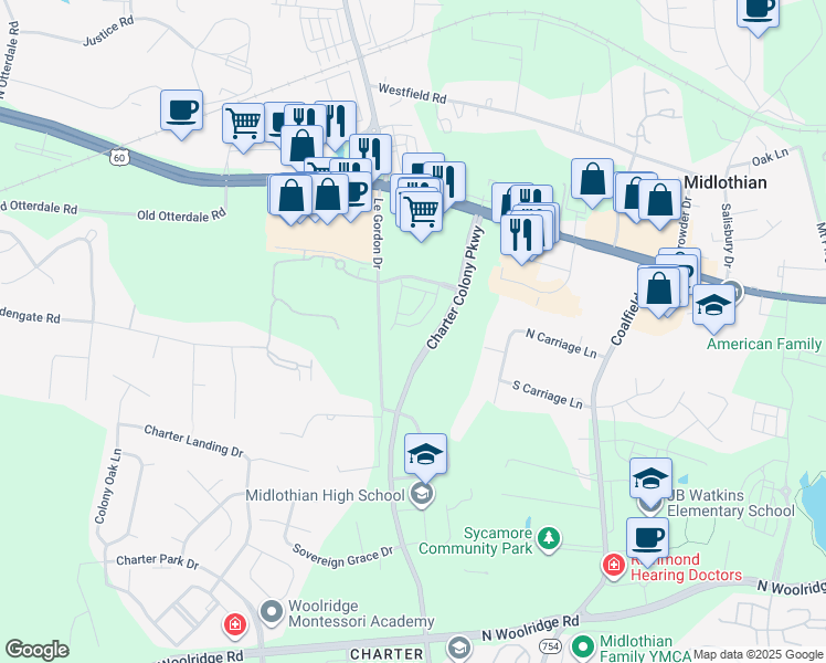 map of restaurants, bars, coffee shops, grocery stores, and more near 401 Crofton Village Terrace in Midlothian