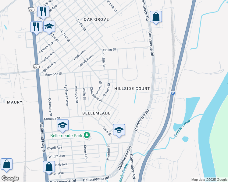 map of restaurants, bars, coffee shops, grocery stores, and more near 1417 Minefee Street in Richmond