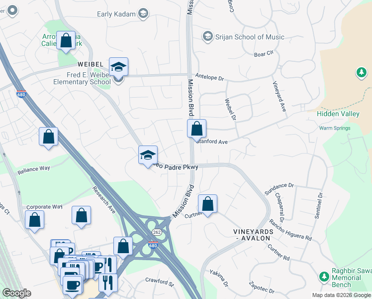 map of restaurants, bars, coffee shops, grocery stores, and more near 63 Cheyenne Court in Fremont