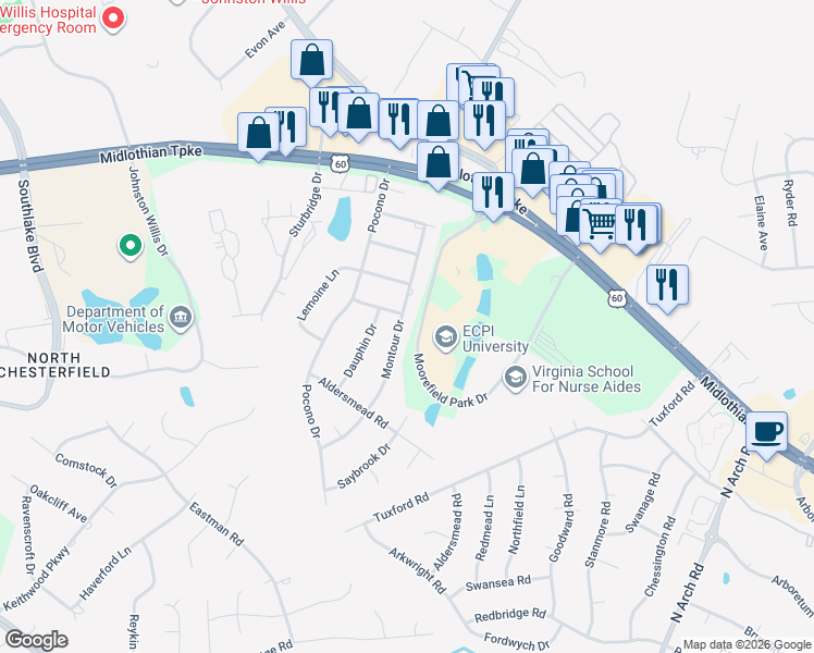map of restaurants, bars, coffee shops, grocery stores, and more near 631 Montour Drive in Chesterfield County