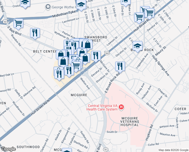 map of restaurants, bars, coffee shops, grocery stores, and more near 3927 Decatur Street in Richmond