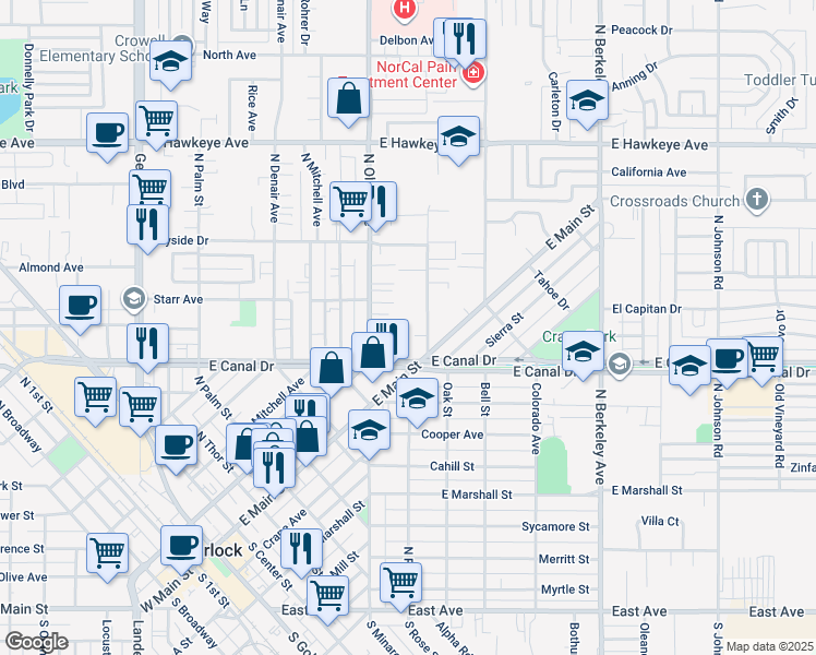 map of restaurants, bars, coffee shops, grocery stores, and more near 908 North Olive Avenue in Turlock