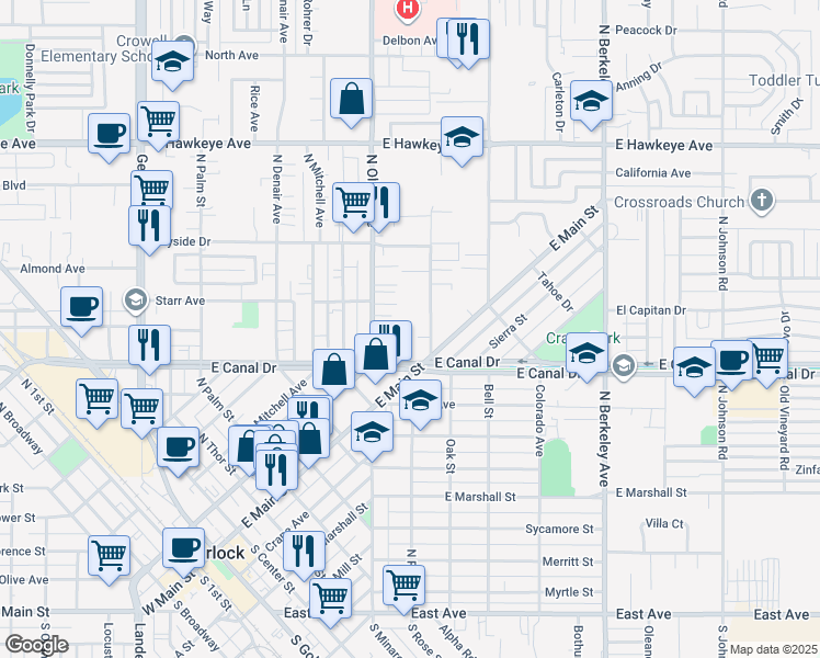 map of restaurants, bars, coffee shops, grocery stores, and more near 908 North Olive Avenue in Turlock