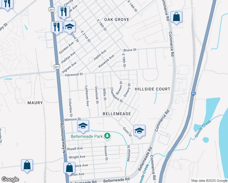 map of restaurants, bars, coffee shops, grocery stores, and more near 1324 Chambers Street in Richmond