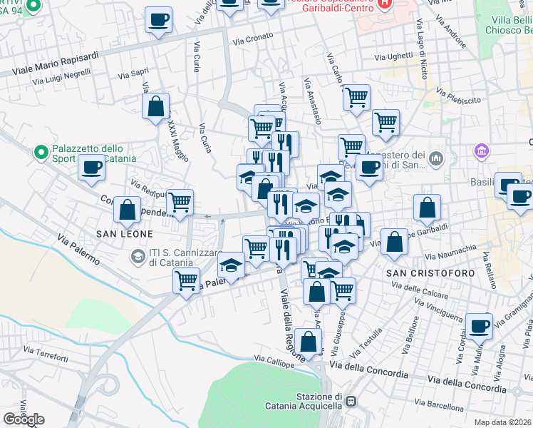 map of restaurants, bars, coffee shops, grocery stores, and more near 635 Via Vittorio Emanuele II in Catania
