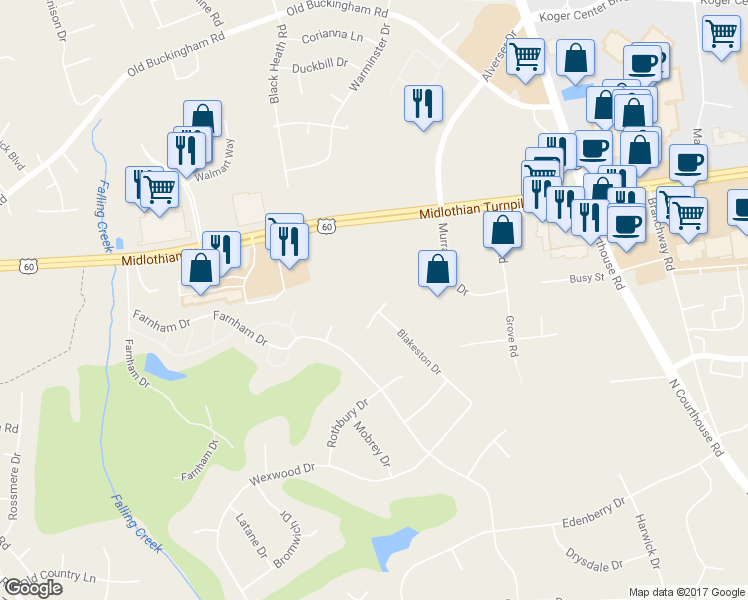 map of restaurants, bars, coffee shops, grocery stores, and more near 11710 Blakeston Court in Richmond