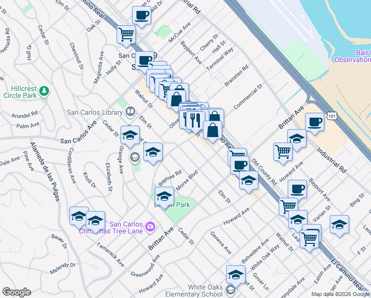 map of restaurants, bars, coffee shops, grocery stores, and more near 909 Elm Street in San Carlos