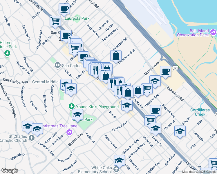 map of restaurants, bars, coffee shops, grocery stores, and more near 1150 Morse Boulevard in San Carlos
