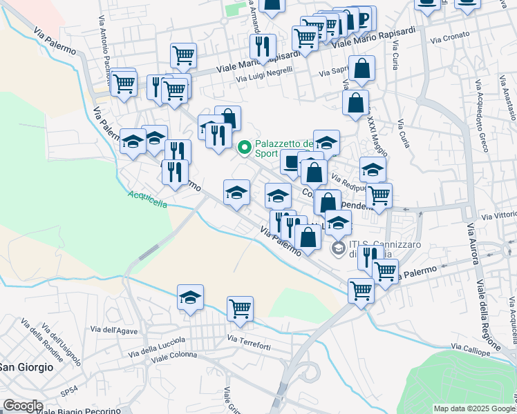 map of restaurants, bars, coffee shops, grocery stores, and more near 21 Via Carlo Pisacane in Catania