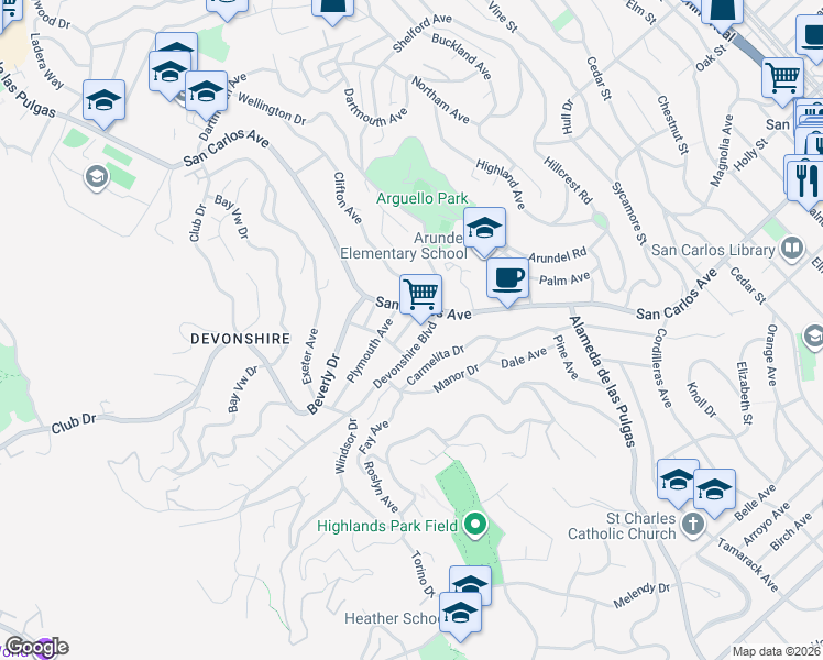 map of restaurants, bars, coffee shops, grocery stores, and more near 33 Cambridge Street in San Carlos