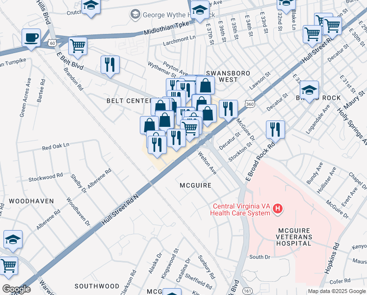 map of restaurants, bars, coffee shops, grocery stores, and more near 4100 Hull Street Road North in Richmond