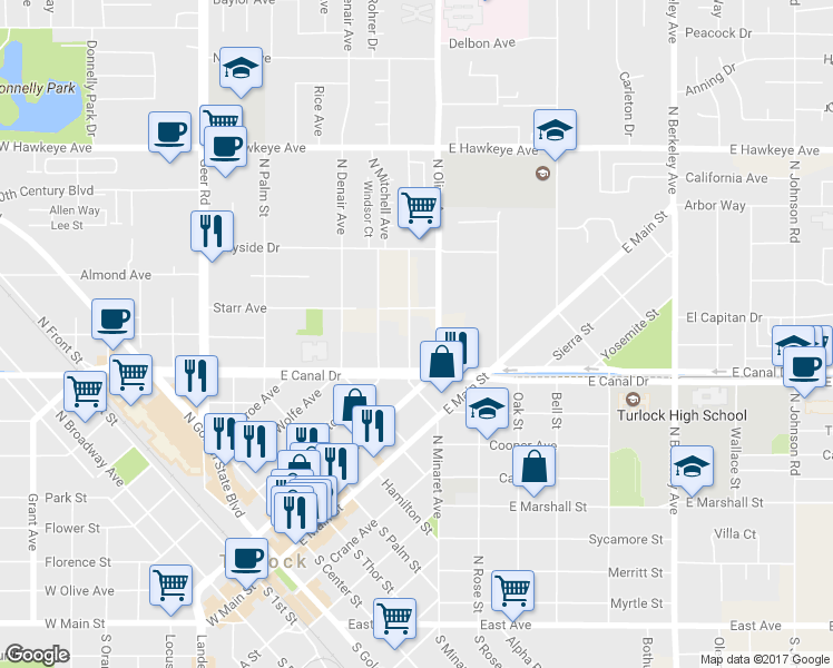 map of restaurants, bars, coffee shops, grocery stores, and more near 903 North Olive Avenue in Turlock