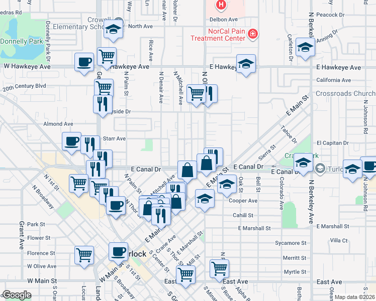 map of restaurants, bars, coffee shops, grocery stores, and more near 901 Kenwood Avenue in Turlock