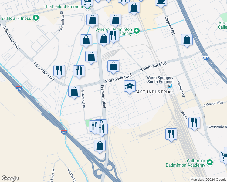 map of restaurants, bars, coffee shops, grocery stores, and more near 44969 Insight Street in Fremont