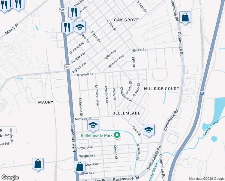 map of restaurants, bars, coffee shops, grocery stores, and more near 1405 Willis Street in Richmond