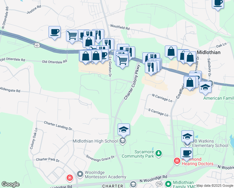 map of restaurants, bars, coffee shops, grocery stores, and more near 401 Crofton Village Terrace in Midlothian