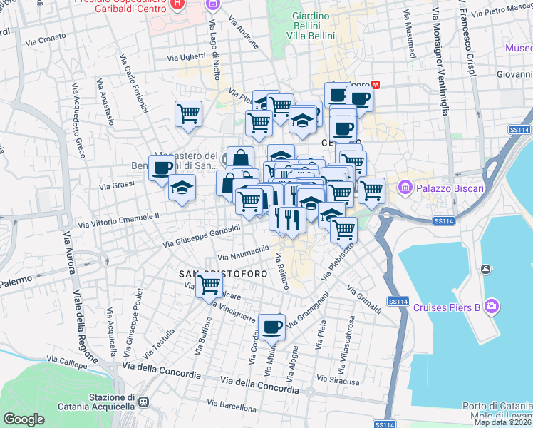 map of restaurants, bars, coffee shops, grocery stores, and more near 6-16 Via Politi in Catania